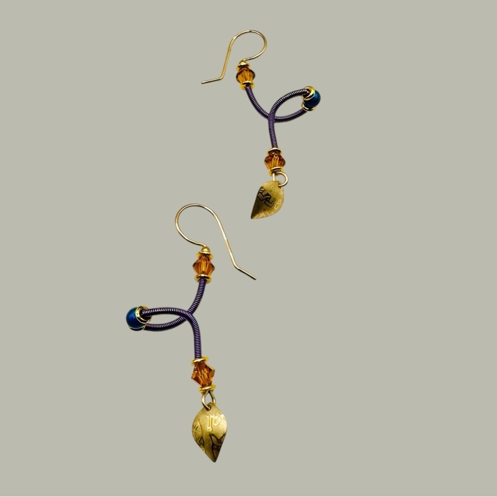 Vintage Holly Yashi Purple Blue Gold Wire Wrap Niobium Leaf Drop Earrings - Picture 6 of 8
